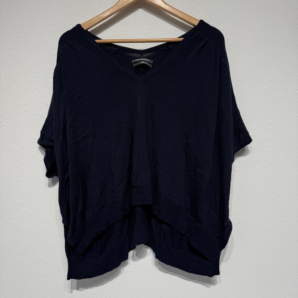 Anthropologie Navy Blue Knit V Neck Sweater Short Sleeve Size Small Slouchy